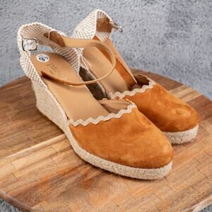 PASEART Spain Women’s 9.5 Camel Suede Leather Wedge Espadrille Sandals Ankle Str